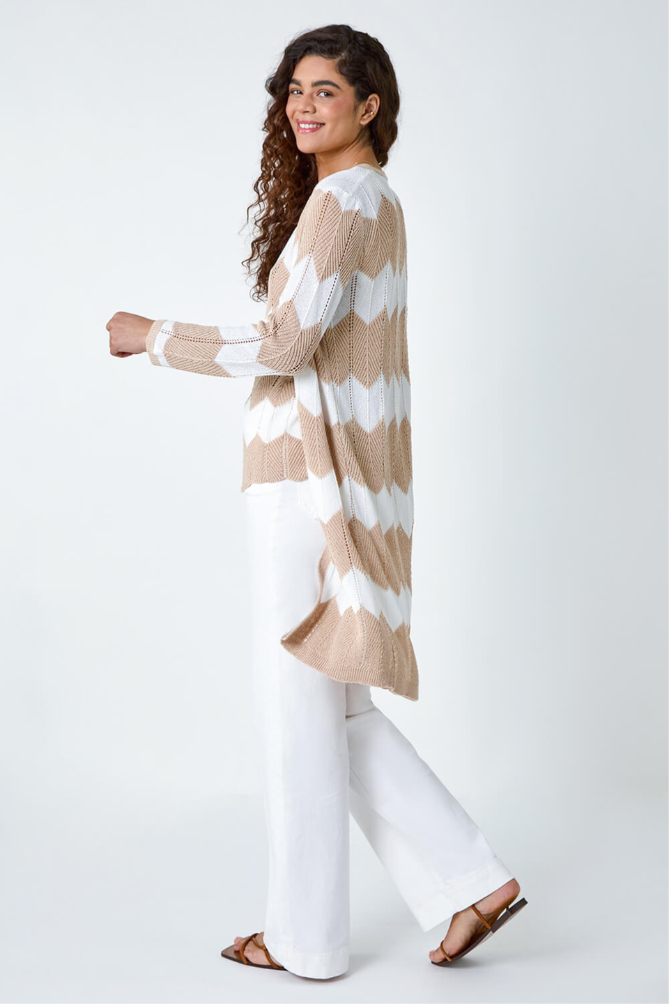 Roman Natural Chevron Stripe Shimmer Longline Cardigan