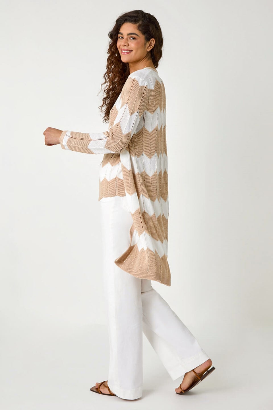 Roman Natural Chevron Stripe Shimmer Longline Cardigan