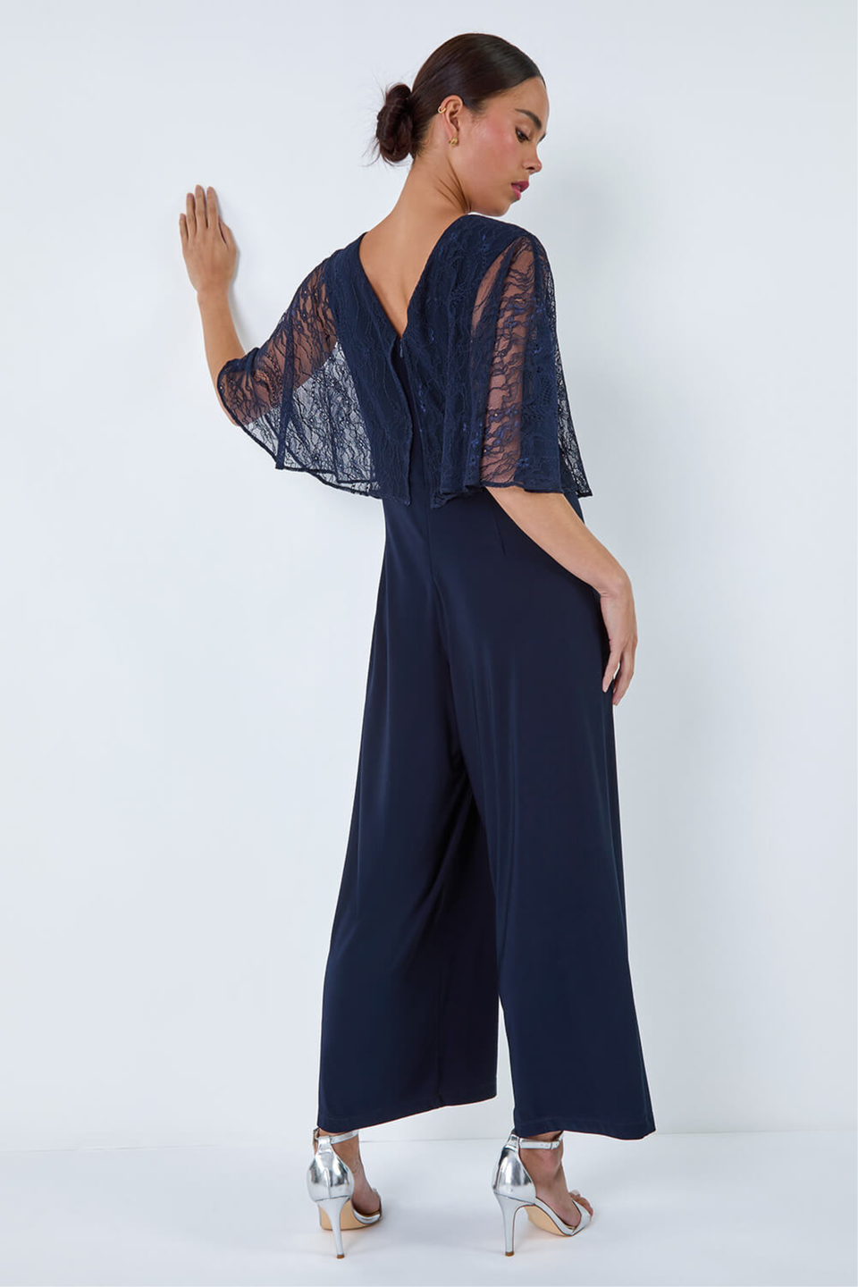 Roman Navy Petite Lace Overlay Wide Leg Jumpsuit