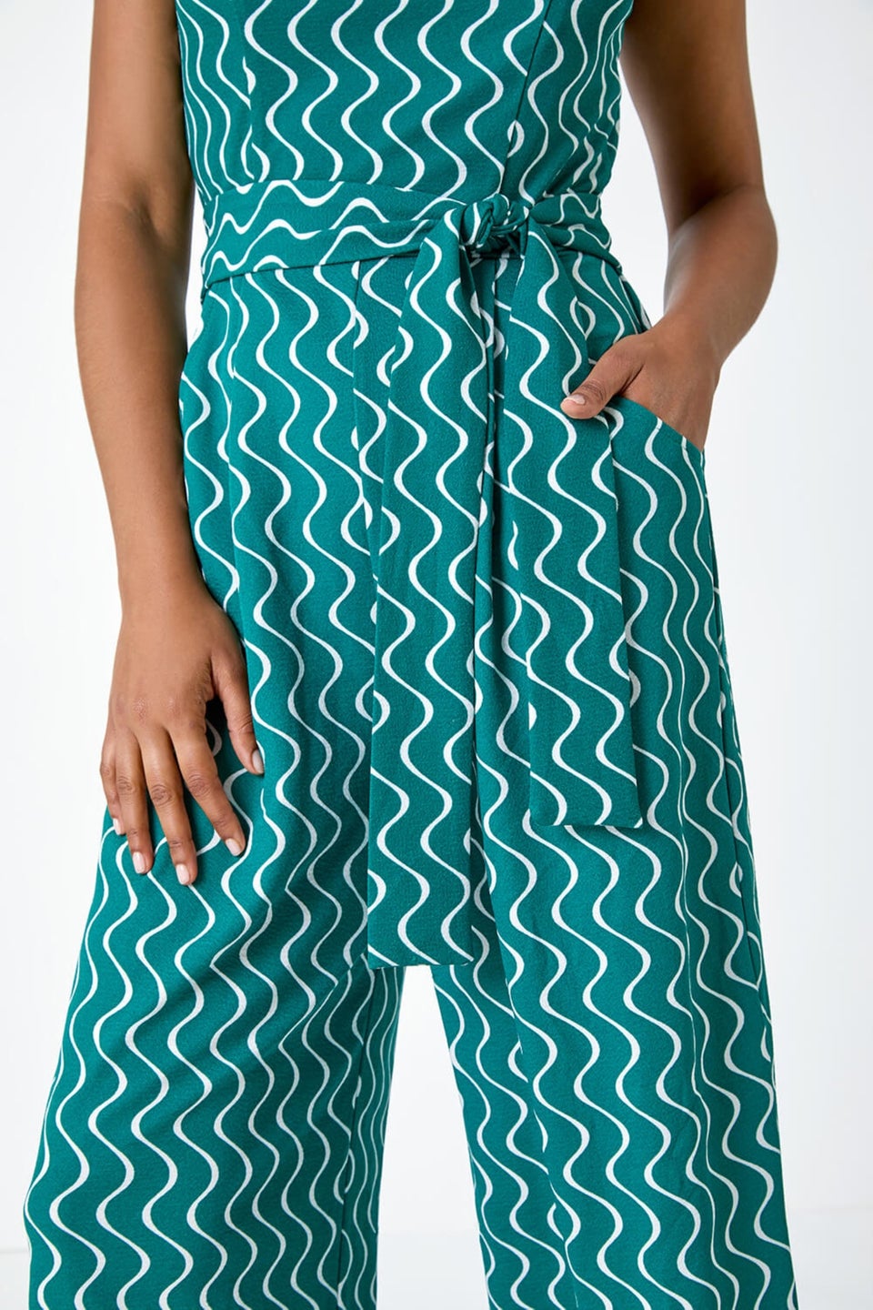 Roman Forest Belted Wave Print Cropped Jumpsuit