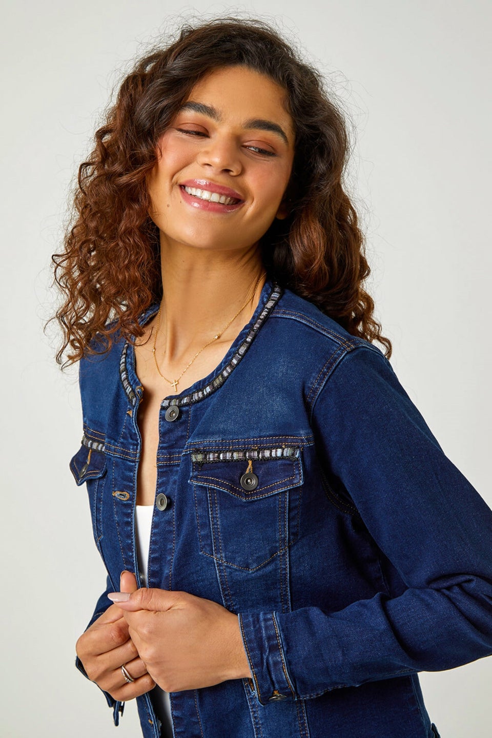 Roman Indigo Collarless Tape Stretch Denim Jacket