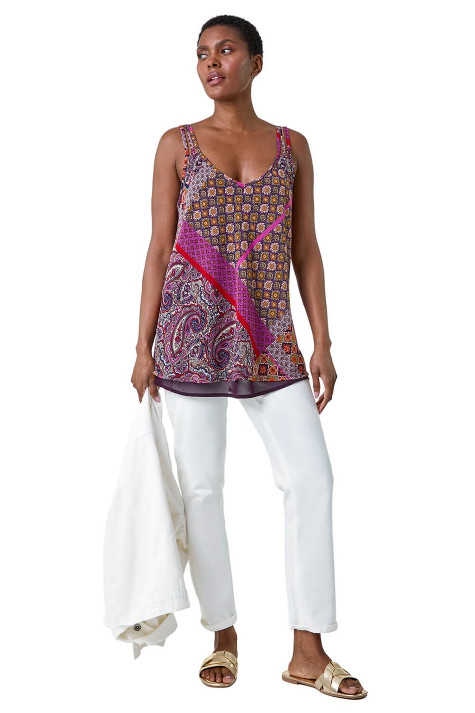 Roman Purple Patchwork Paisley Print Cami Top