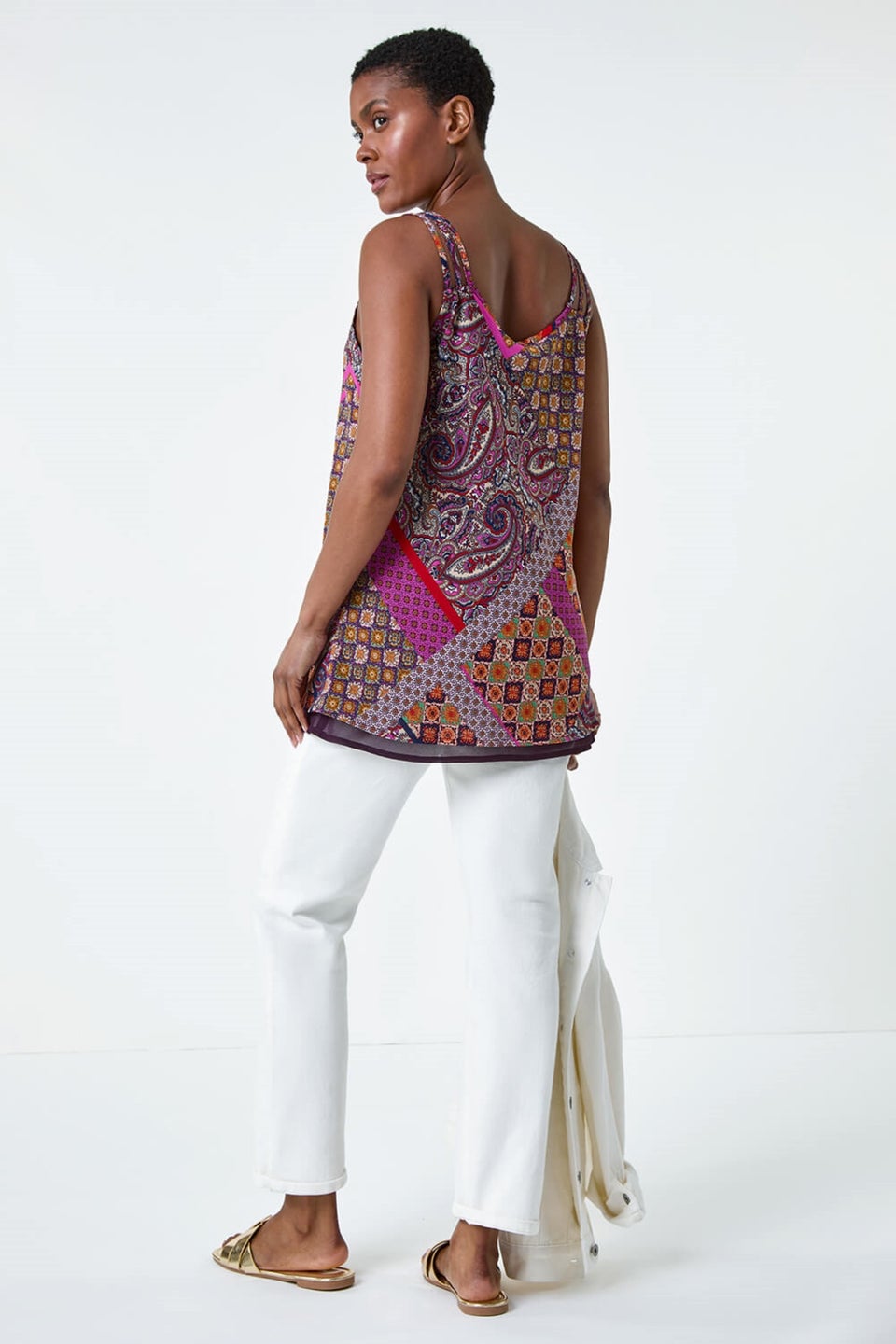 Roman Purple Patchwork Paisley Print Cami Top