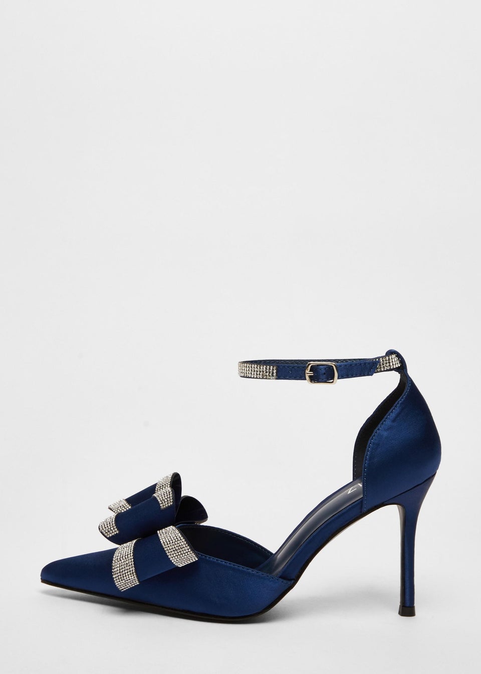 Quiz Navy Satin Diamante Bow Court Heels