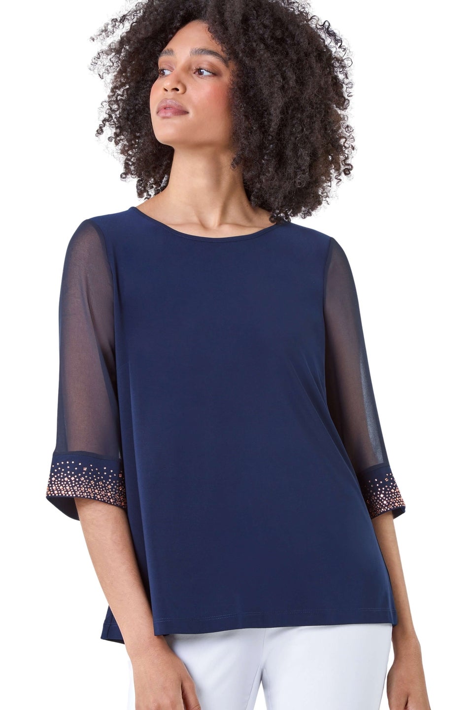 Roman Midnight Blue Sparkle Embellished Cuff Chiffon Top