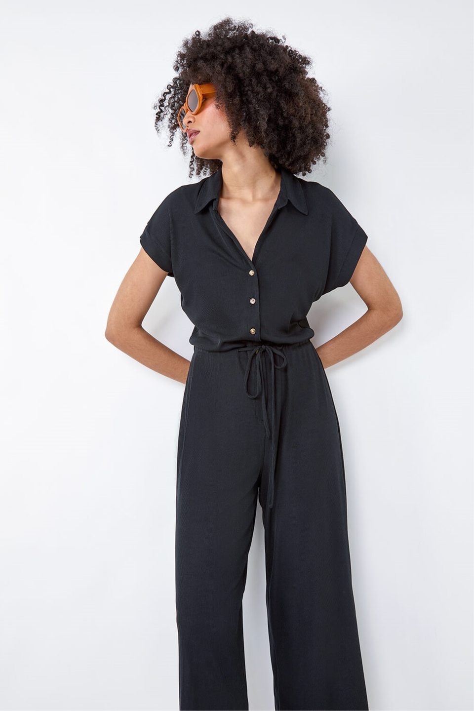 Roman Black Plain Ribbed Stretch Jersey Jumpsuit