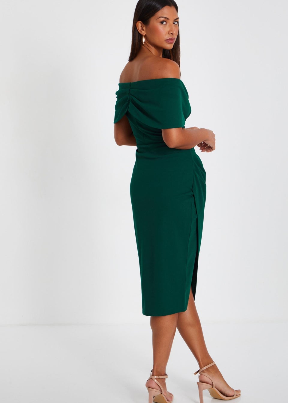 Quiz Green Bardot Ruched Wrap Midi Dress