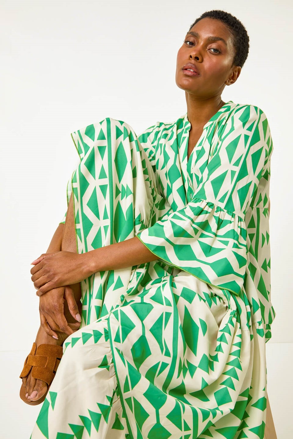 Roman Green Aztec Print Tiered Midi Smock Dress