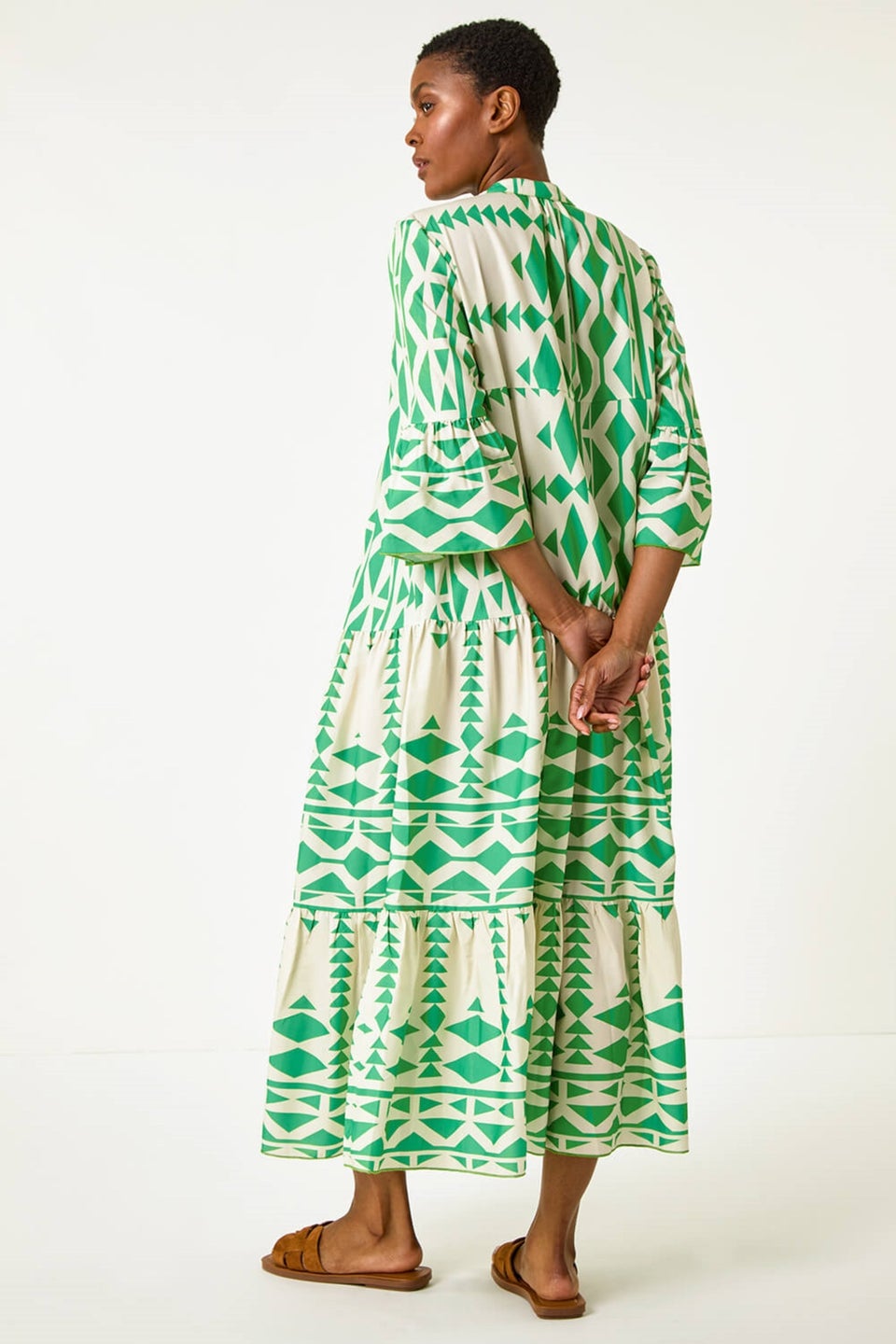 Roman Green Aztec Print Tiered Midi Smock Dress
