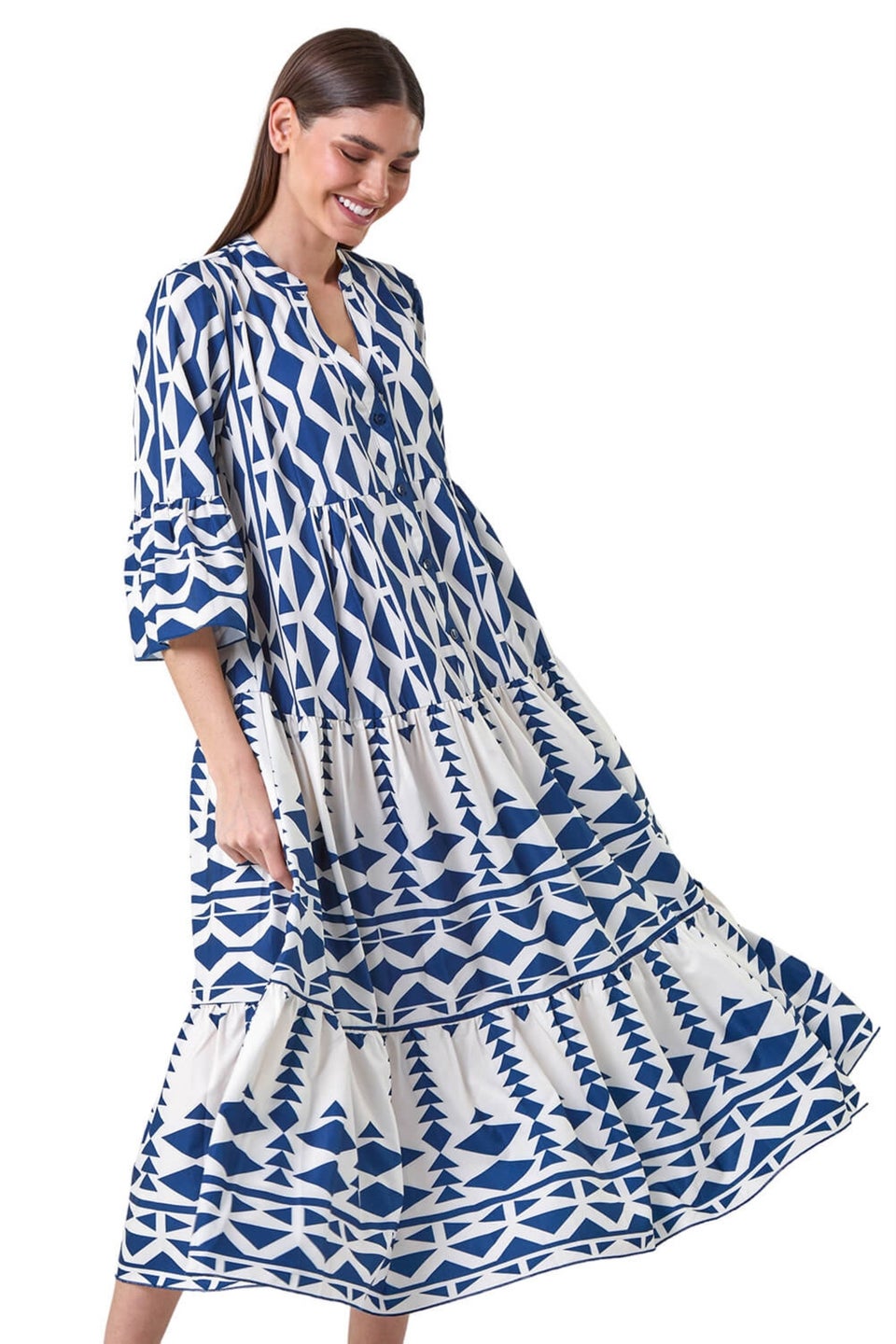 Roman Navy Aztec Print Tiered Midi Smock Dress