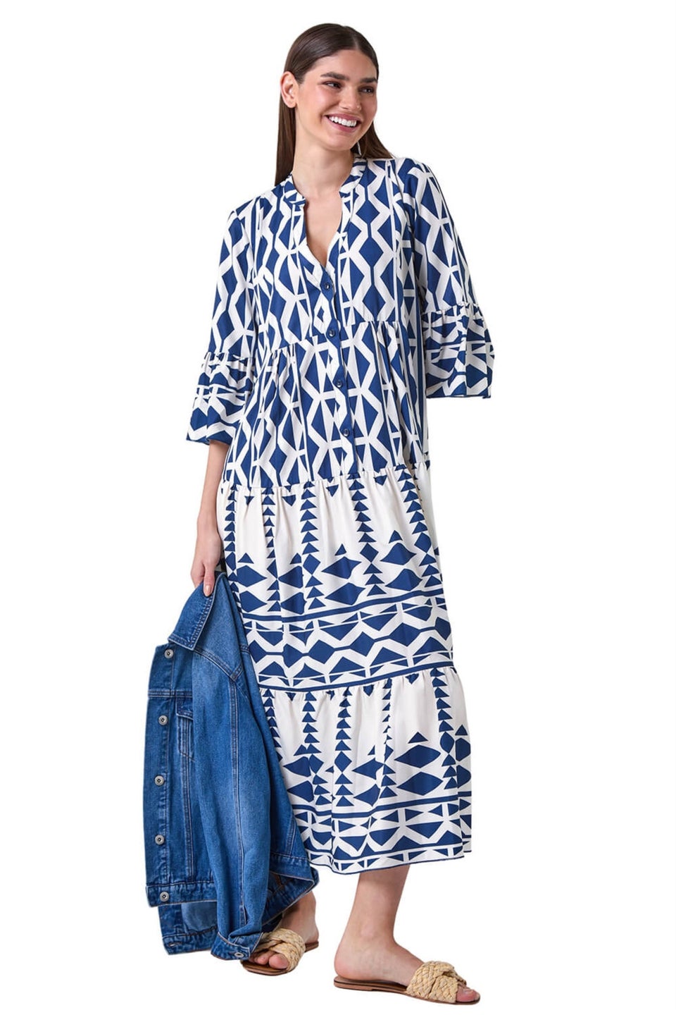 Roman Navy Aztec Print Tiered Midi Smock Dress