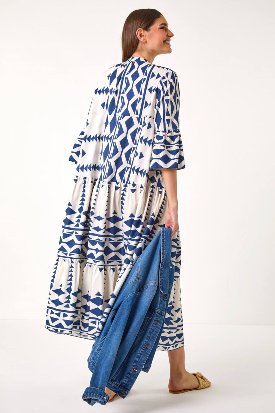 Roman Navy Aztec Print Tiered Midi Smock Dress