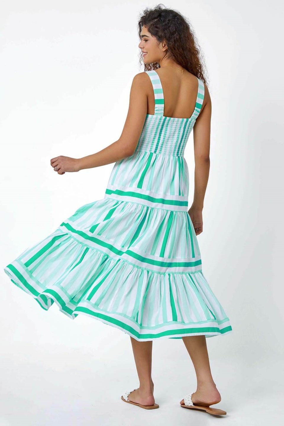 Roman Mint Cotton Stripe Print Tiered Maxi Dress