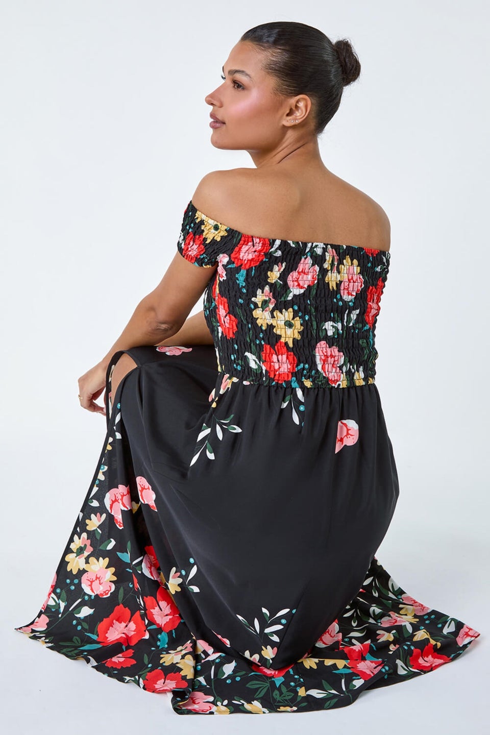 Roman Black Floral Shirred Bardot Stretch Maxi Dress