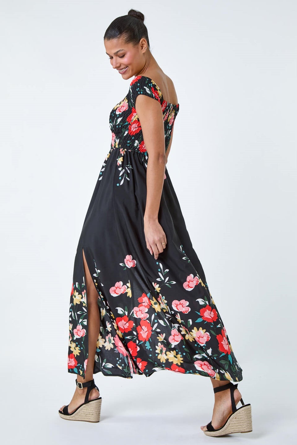 Shirred bardot maxi dress on sale