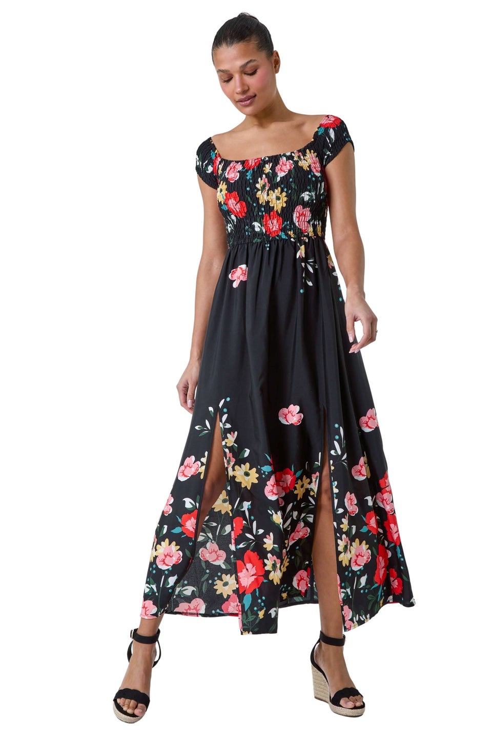 Roman Black Floral Shirred Bardot Stretch Maxi Dress