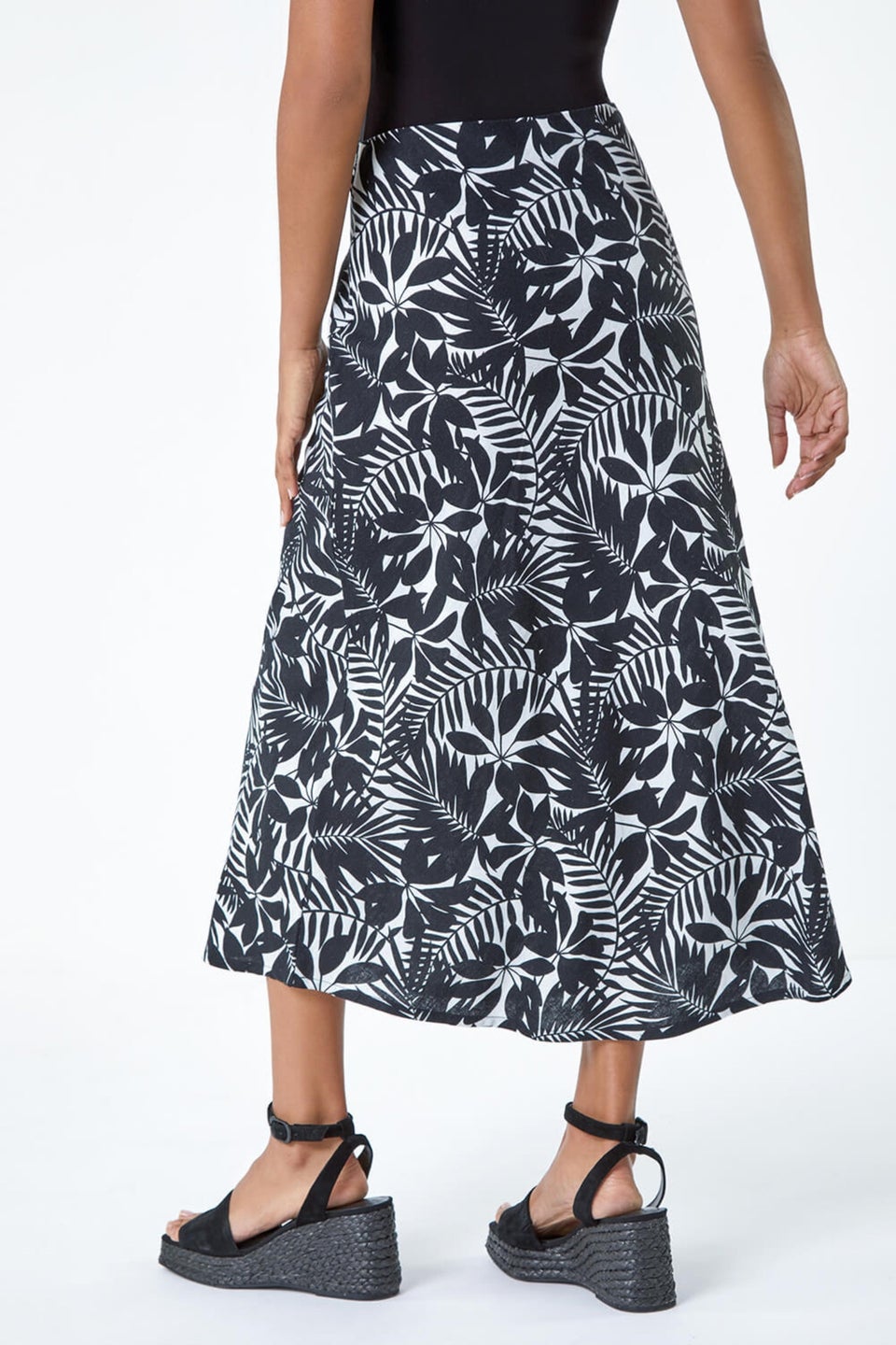 Roman Black Leaf Print Linen Blend A-Line Skirt