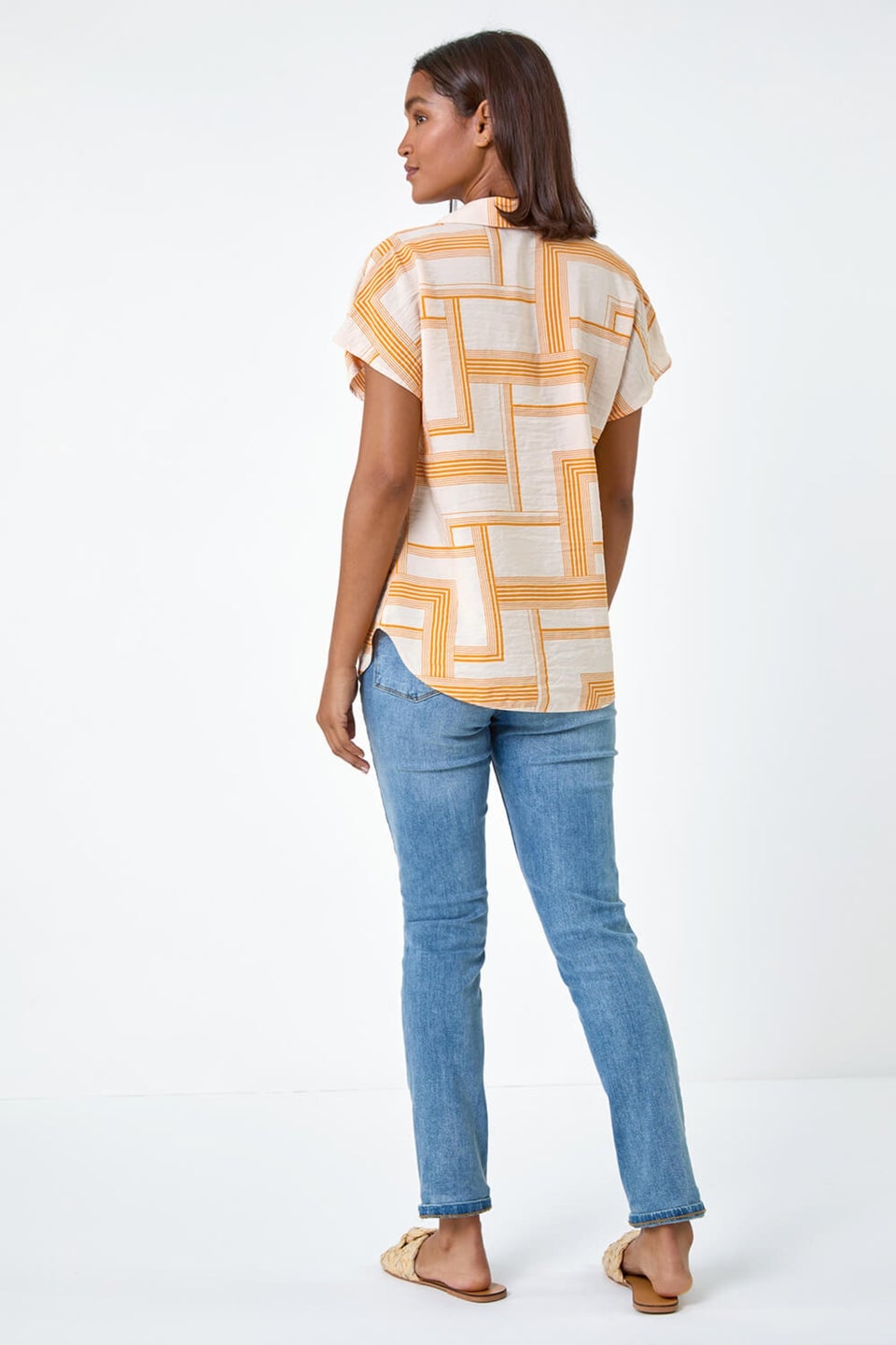 Roman Orange Geometric Print V-Neck Collar Top