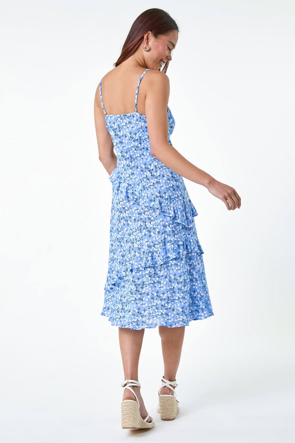 Roman Petite Blue Petite Ditsy Floral Frill Midi Dress