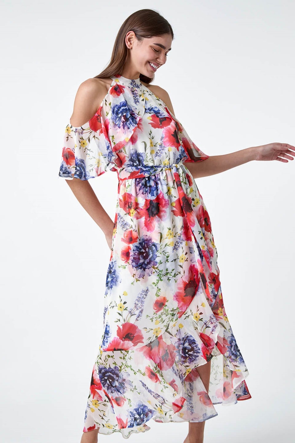 Roman Ivory Poppy Floral Frill Halterneck Dress