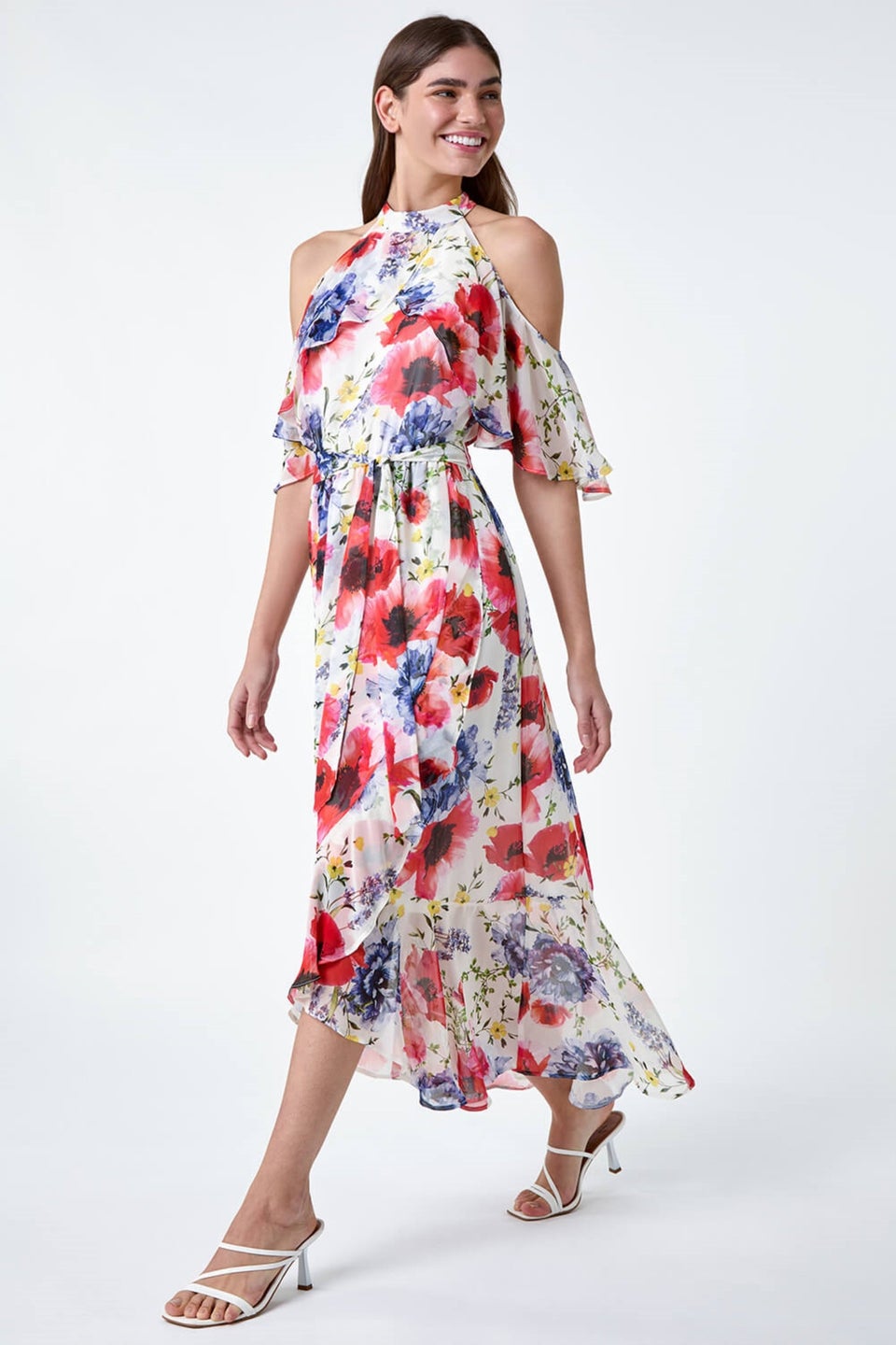Roman Ivory Poppy Floral Frill Halterneck Dress Matalan