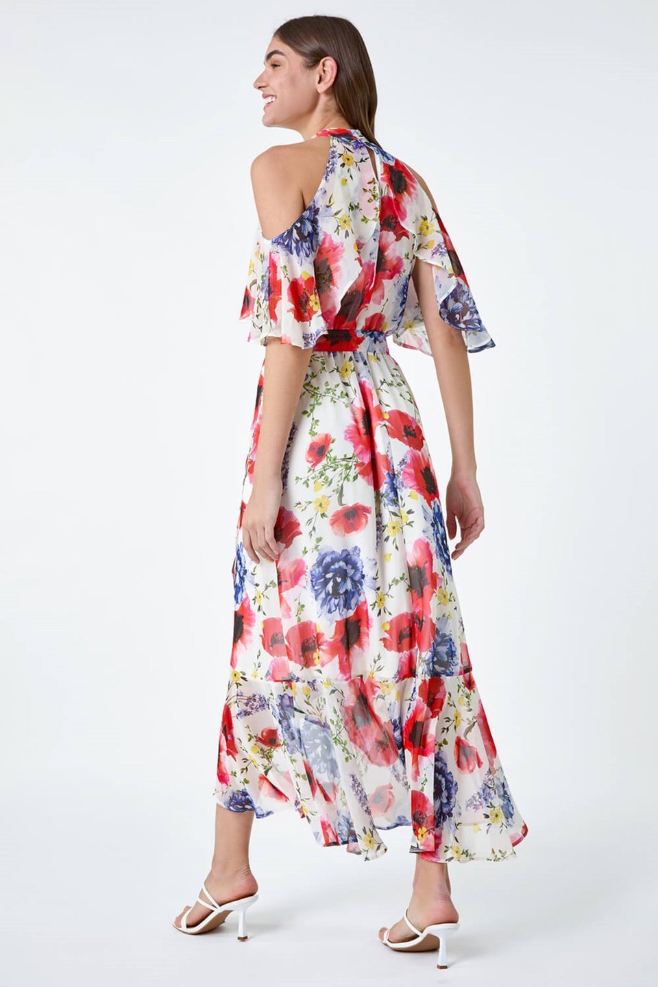 Roman Ivory Poppy Floral Frill Halterneck Dress