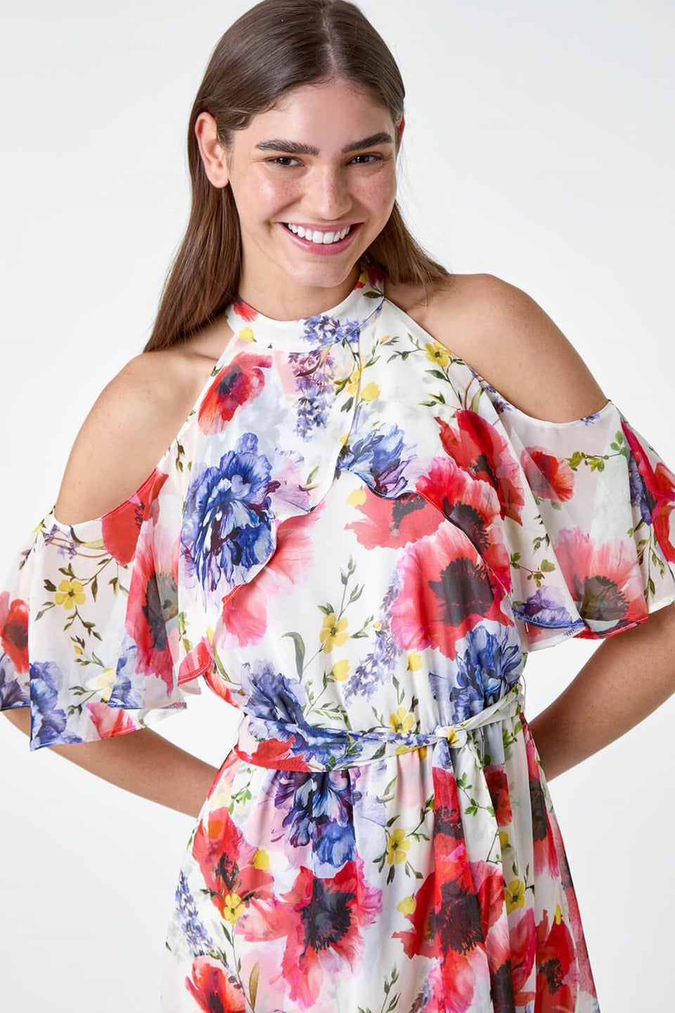 Roman Ivory Poppy Floral Frill Halterneck Dress Matalan