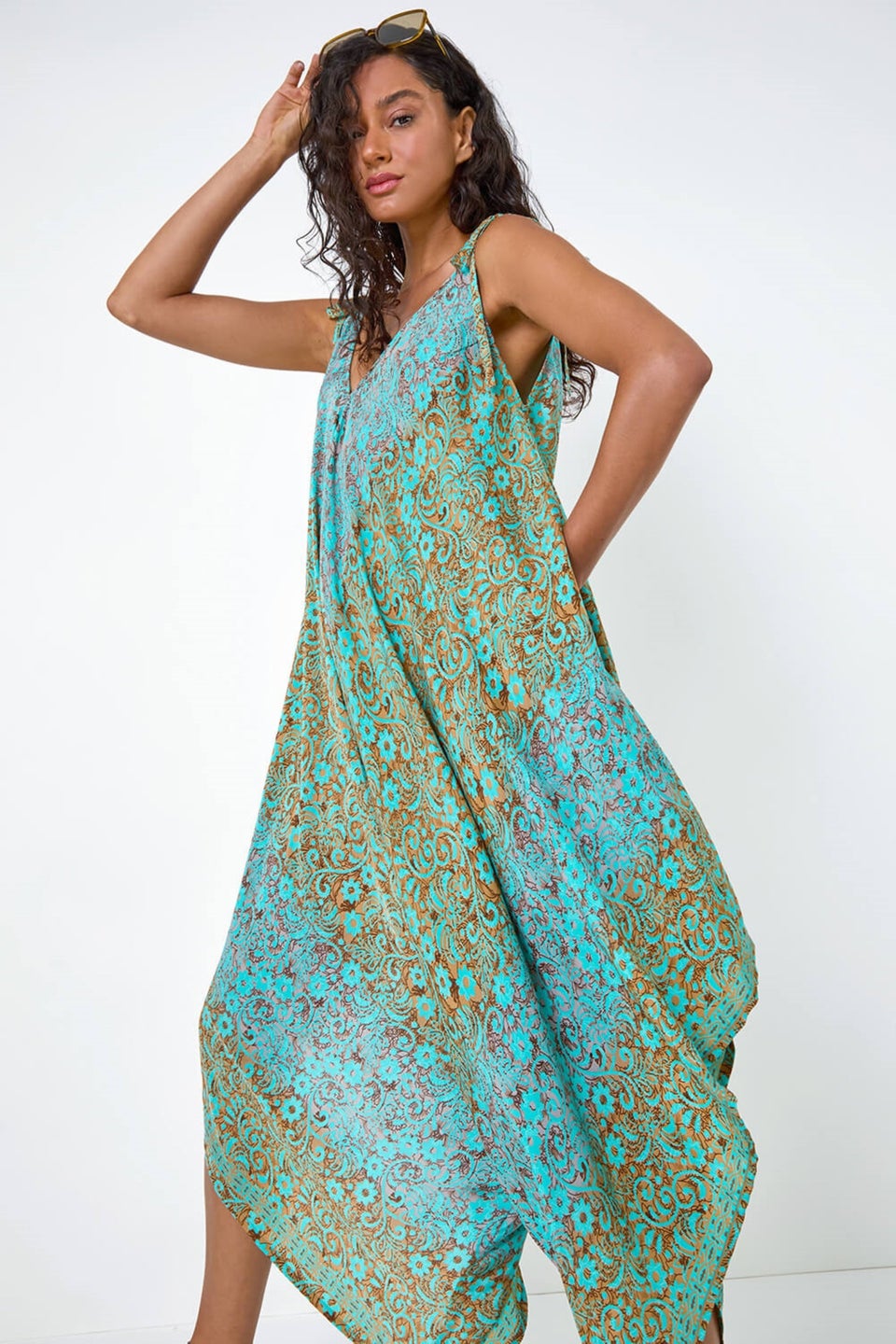 Dusk Teal Paisley Floral Pocket Slouchy Jumpsuit