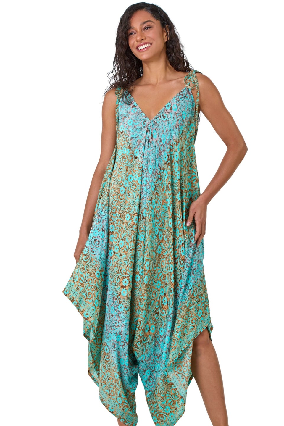 Dusk Teal Paisley Floral Pocket Slouchy Jumpsuit