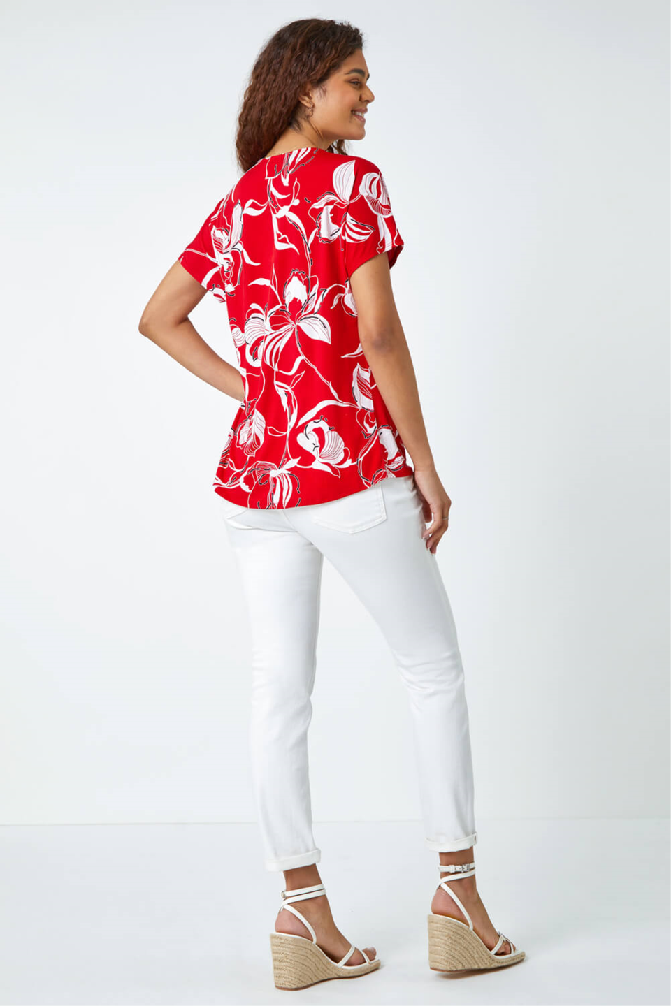 Roman Red Floral Button Detail V-Neck Stretch Top