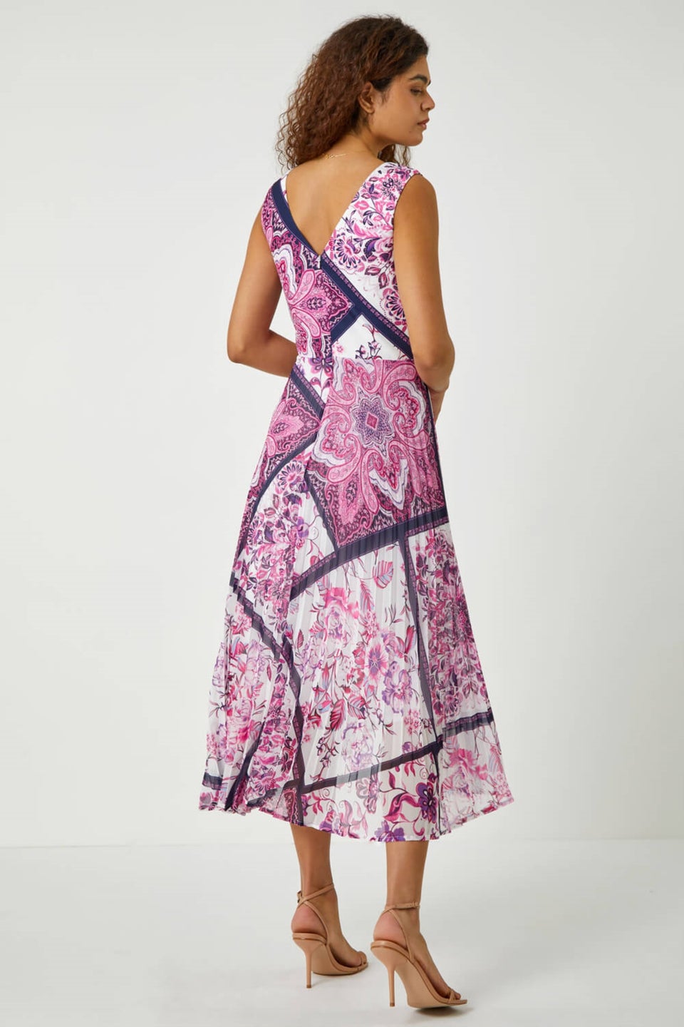 Roman Pink Paisley Scarf Print Pleated Midi Dress
