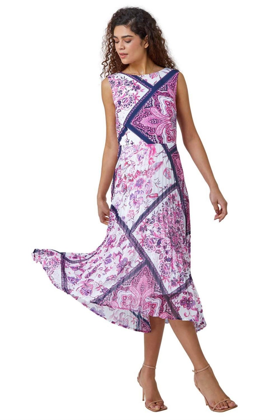 Roman Pink Paisley Scarf Print Pleated Midi Dress