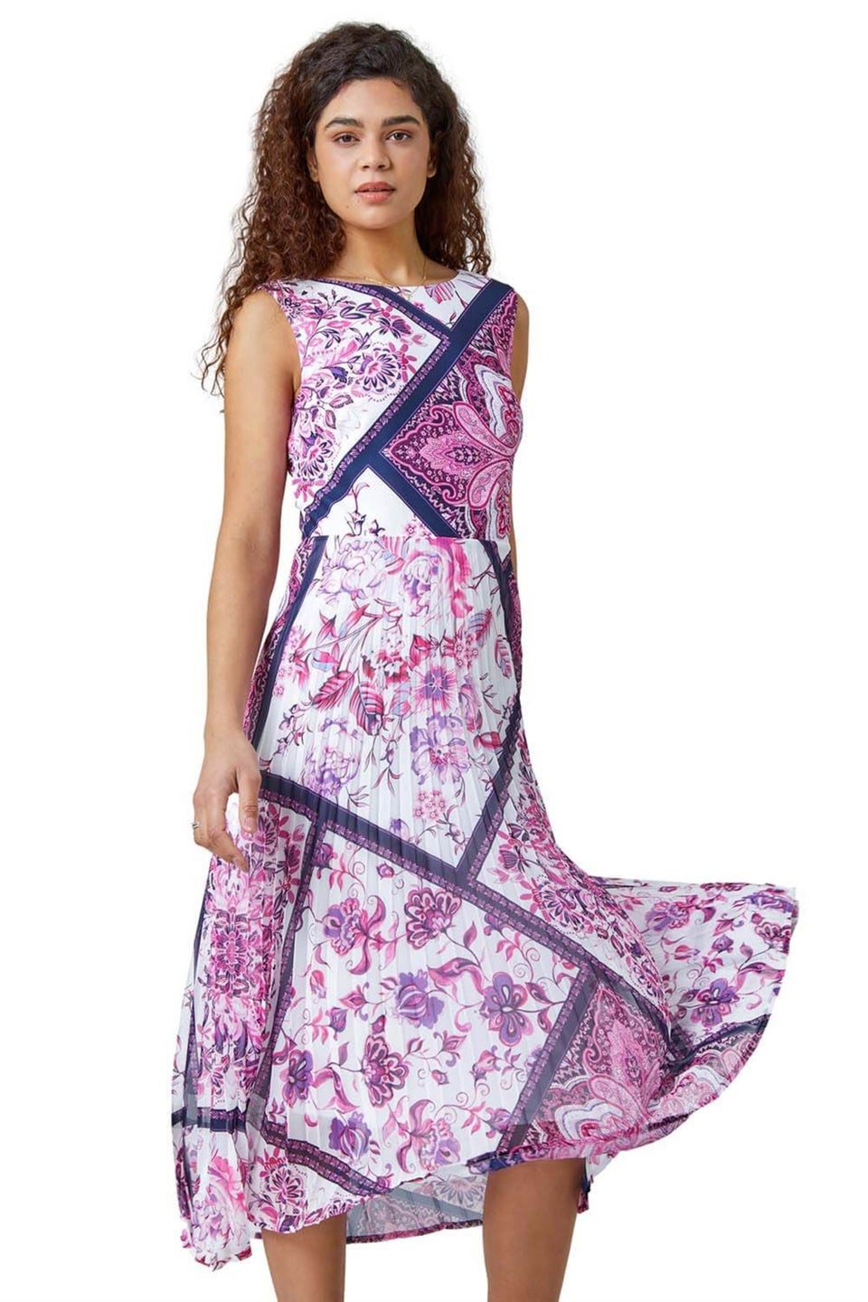 Roman Pink Paisley Scarf Print Pleated Midi Dress