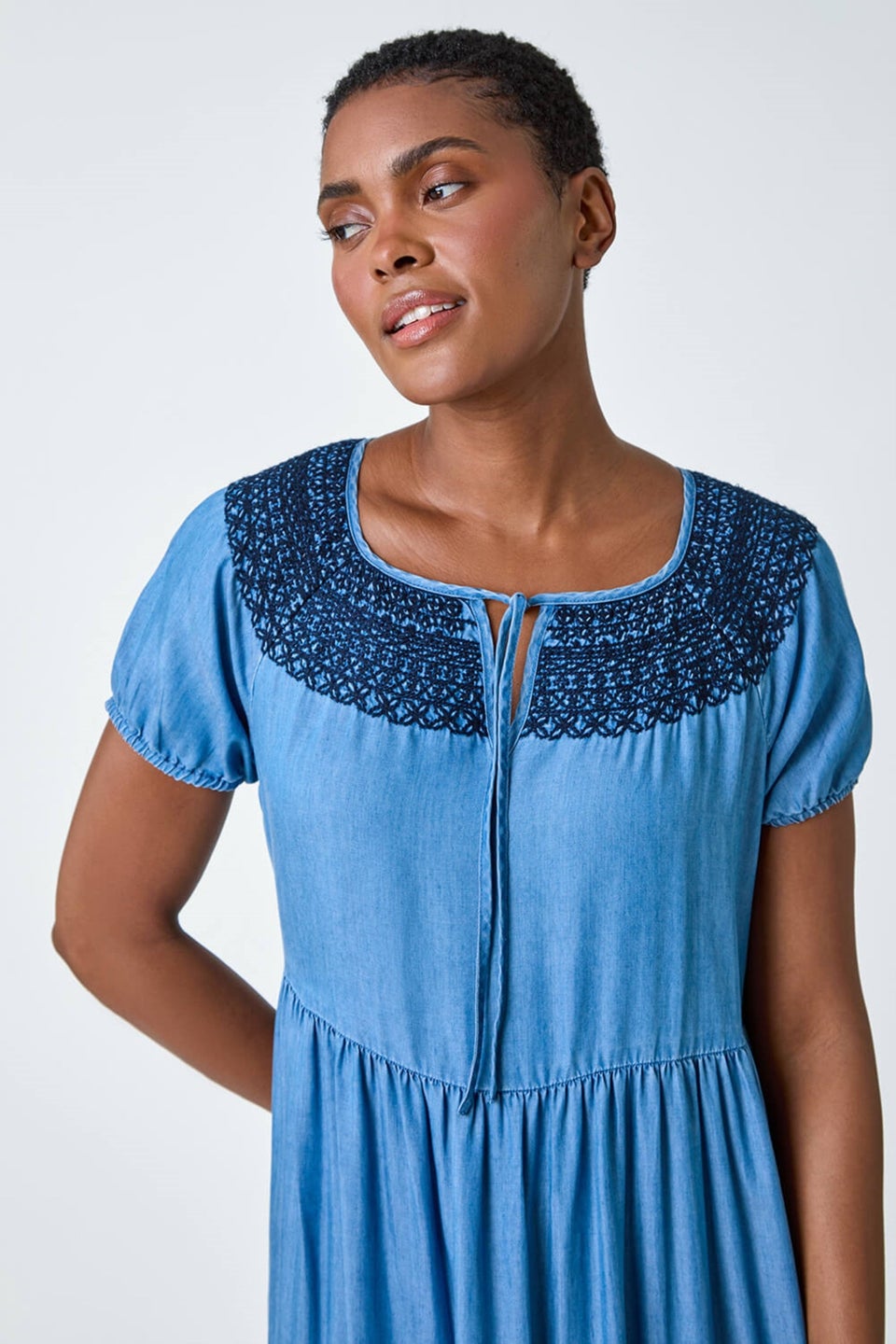 Roman Denim Denim Lace Detail Midi Smock Dress