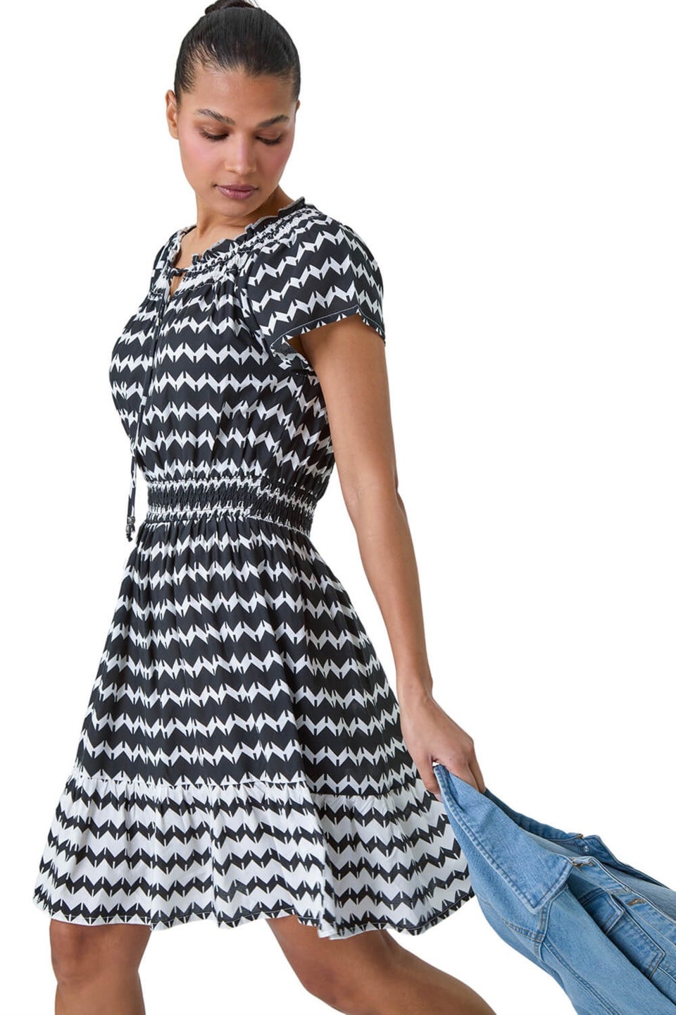 Roman Black Zig Zag Border Print Shirred Dress