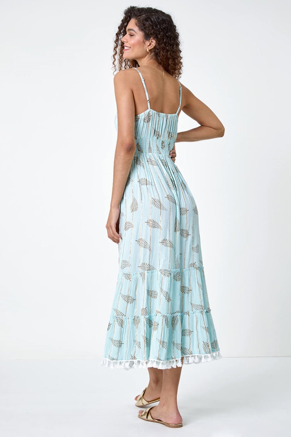 Roman Light Blue Metallic Leaf Print Shirred Maxi Dress