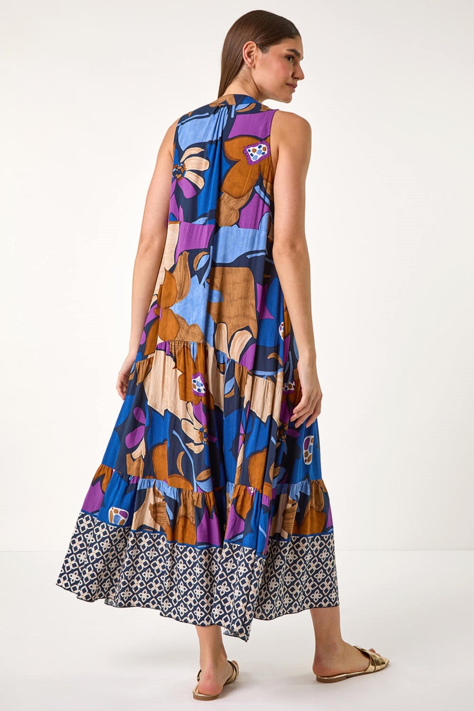 Roman Blue Boho Floral Print Smock Maxi Dress