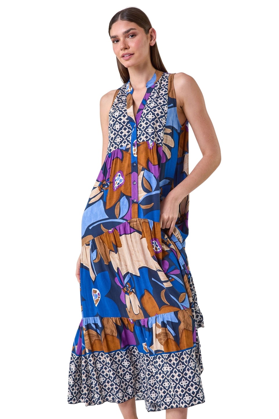 Roman Blue Boho Floral Print Smock Maxi Dress