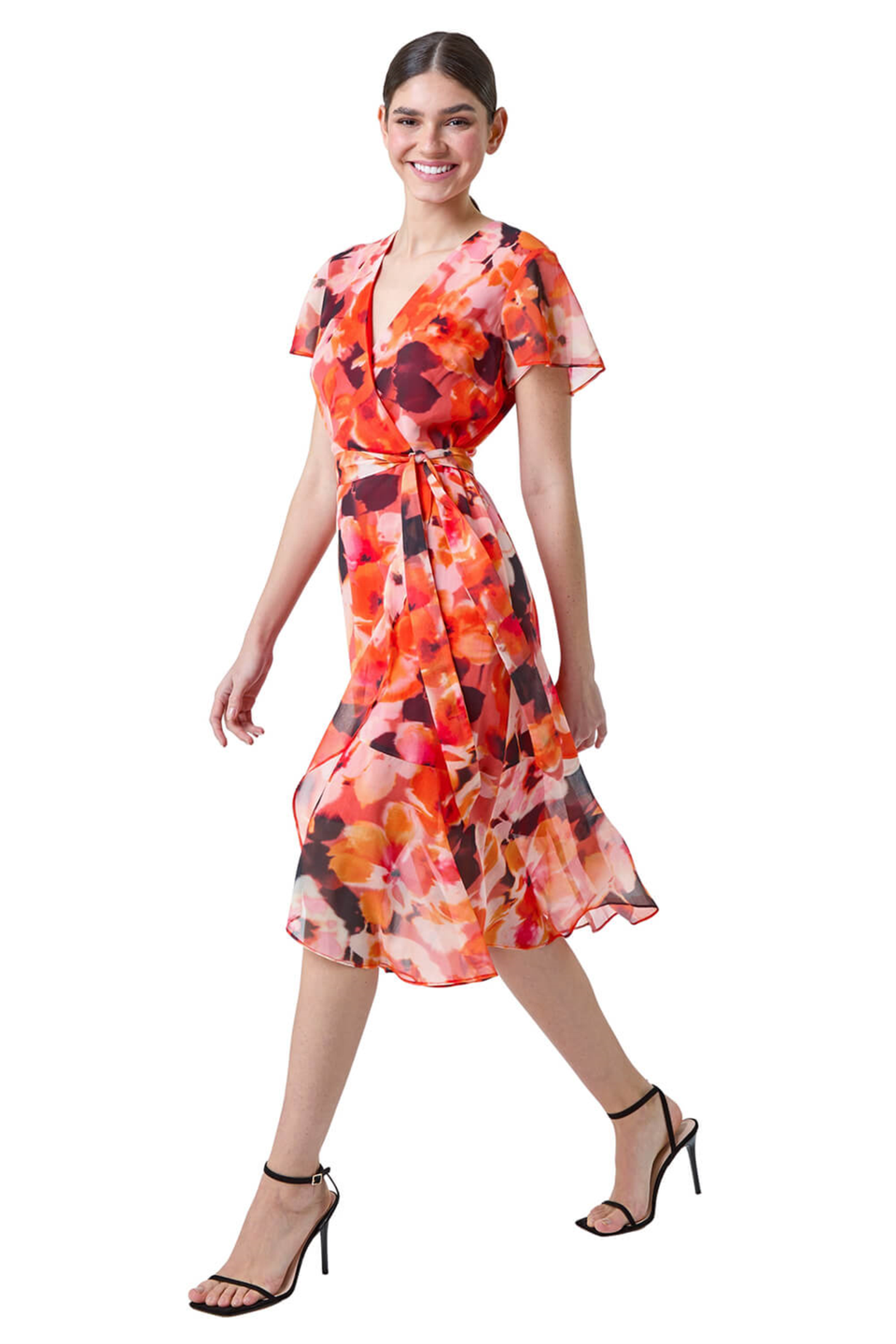 Roman Orange Floral Print Chiffon Wrap Dress