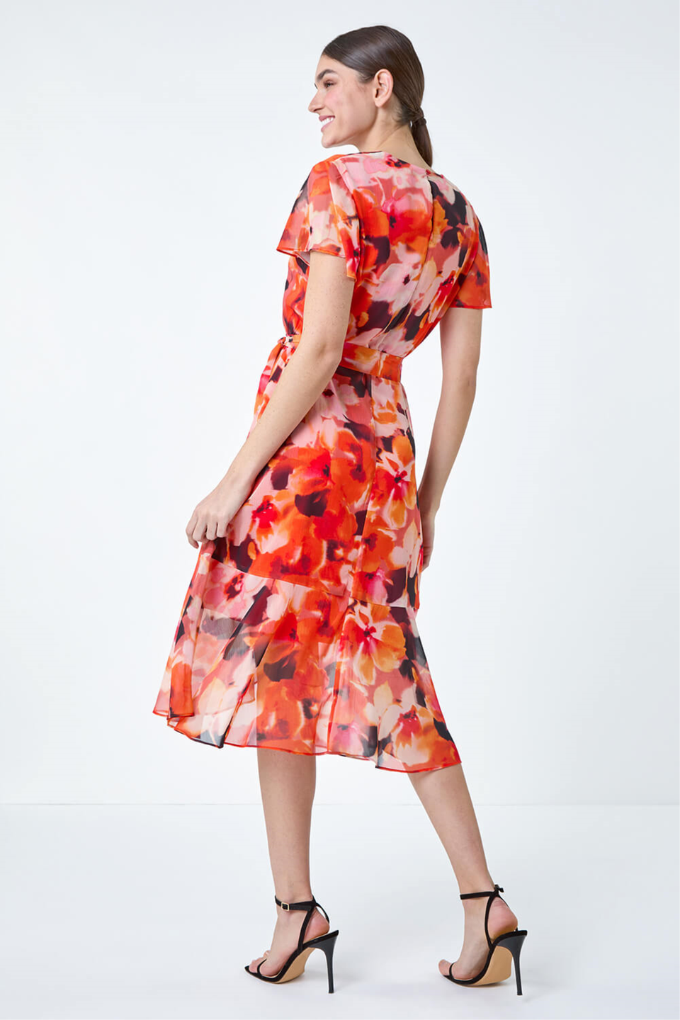 Roman Orange Floral Print Chiffon Wrap Dress