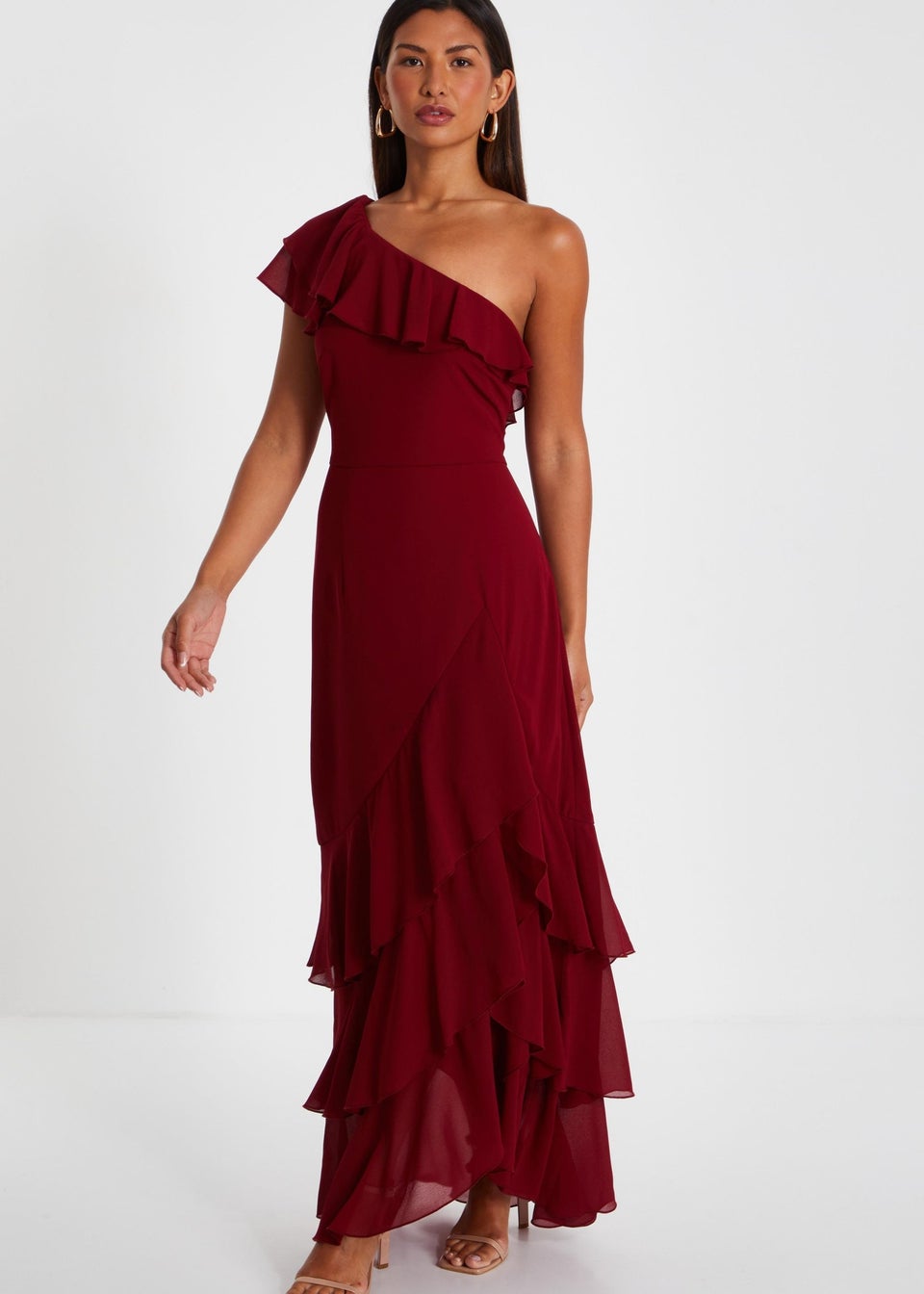 Quiz Red One Shoulder Chiffon Ruffle Maxi Dress Matalan
