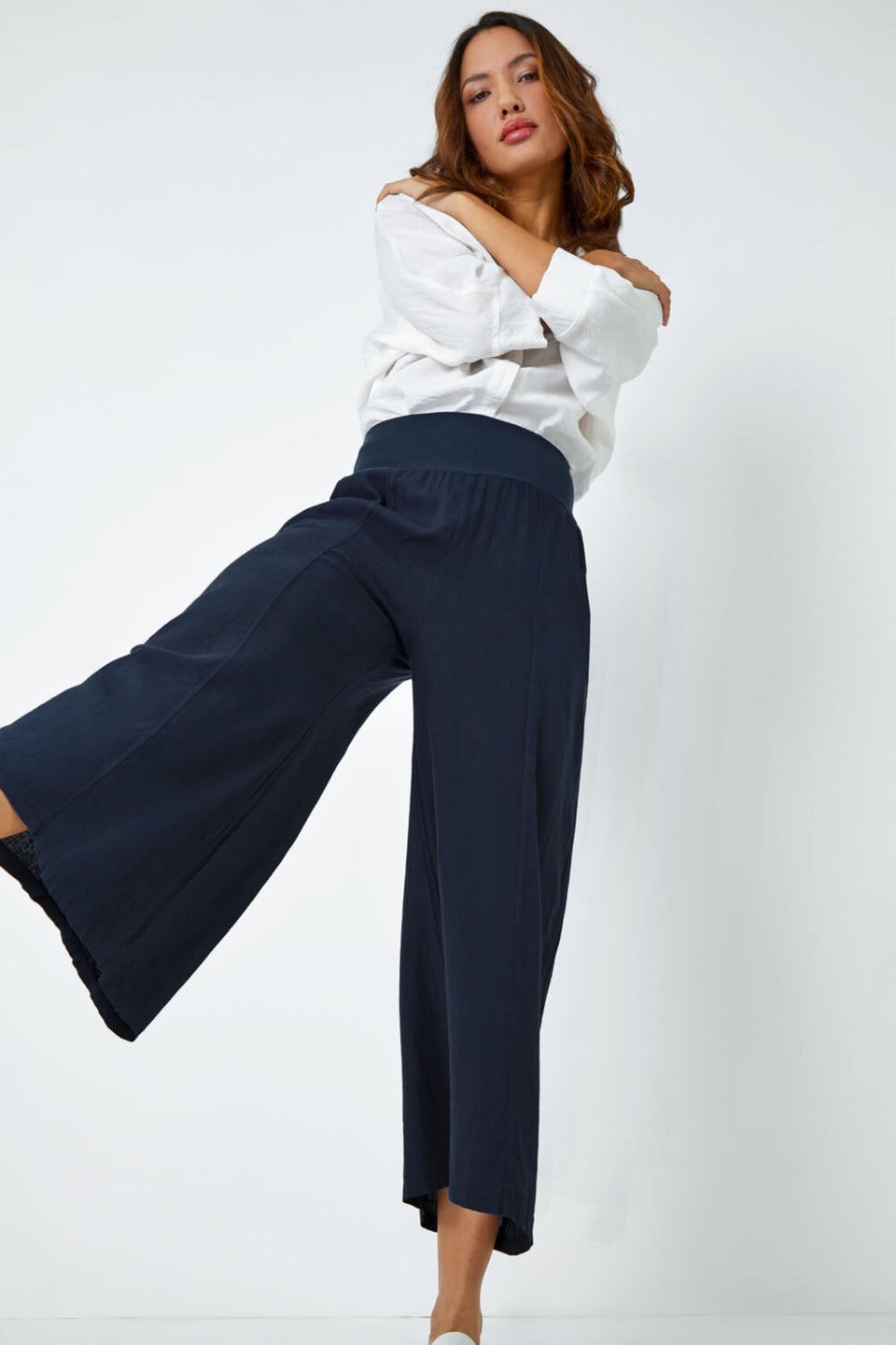Roman Dark Denim  Linen Blend Stretch Waist Culottes