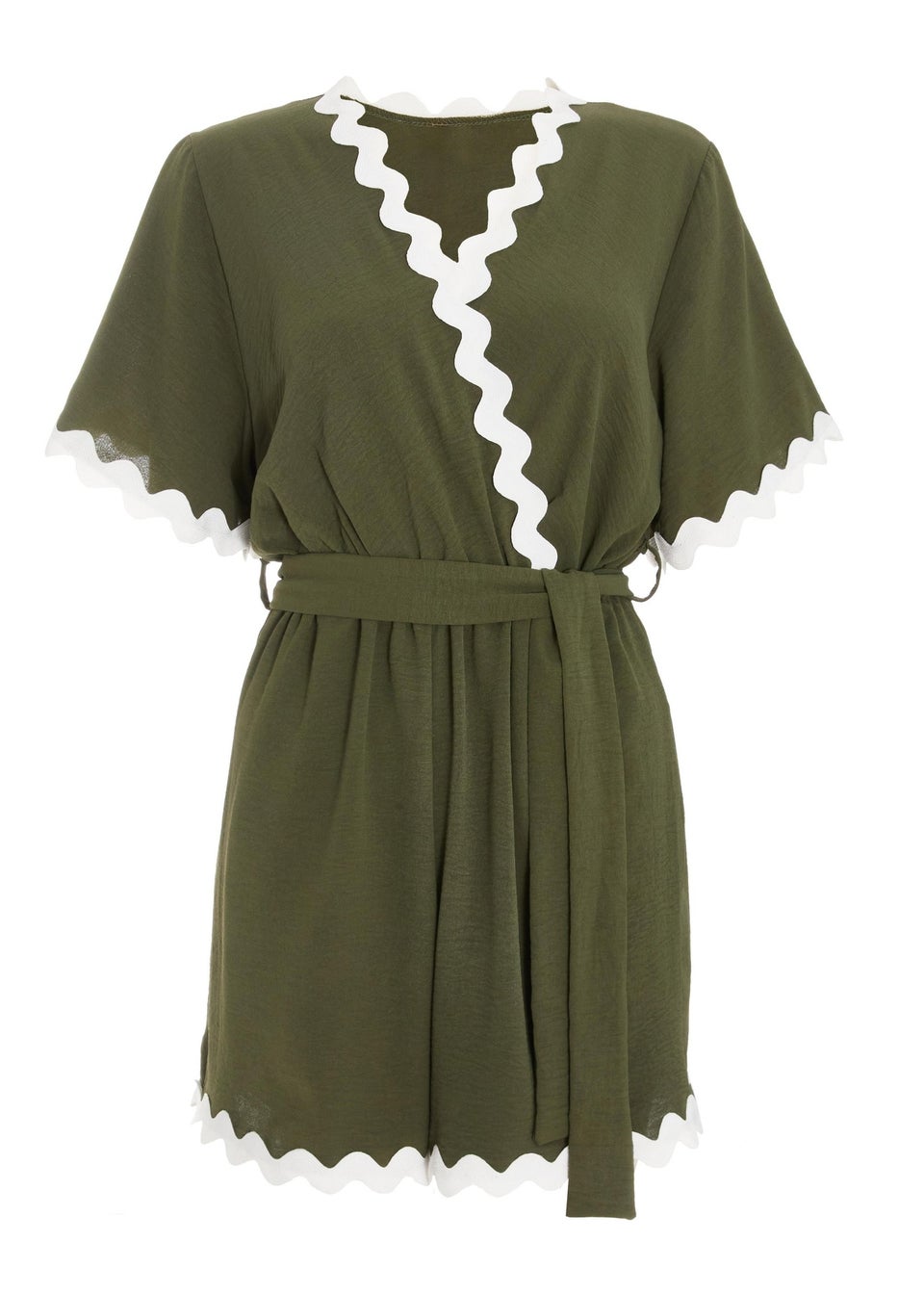 Quiz Khaki Wavy Trim Wrap Playsuit