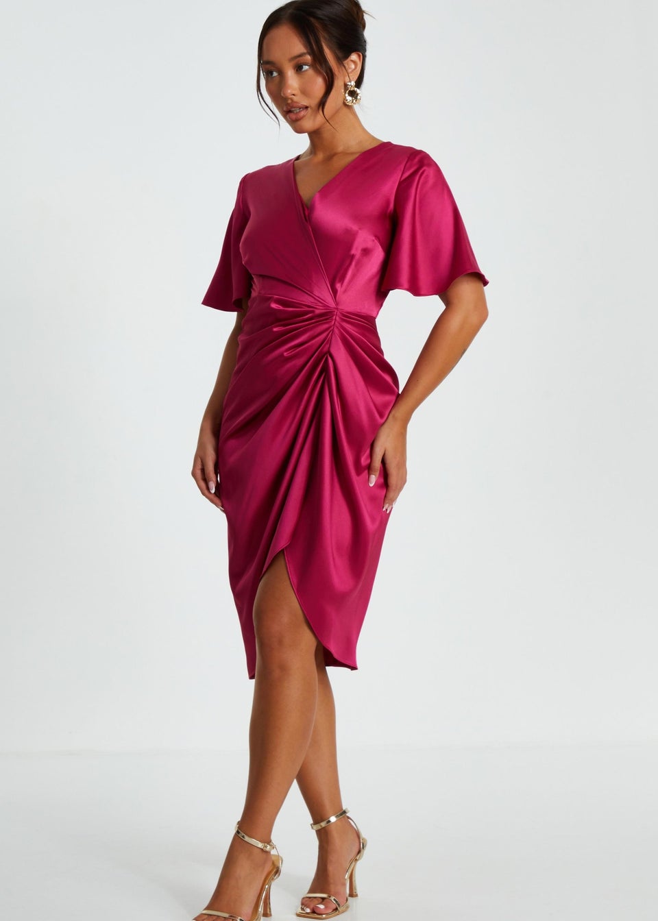 Quiz Red Petite Satin Ruched Wrap Midi Dress