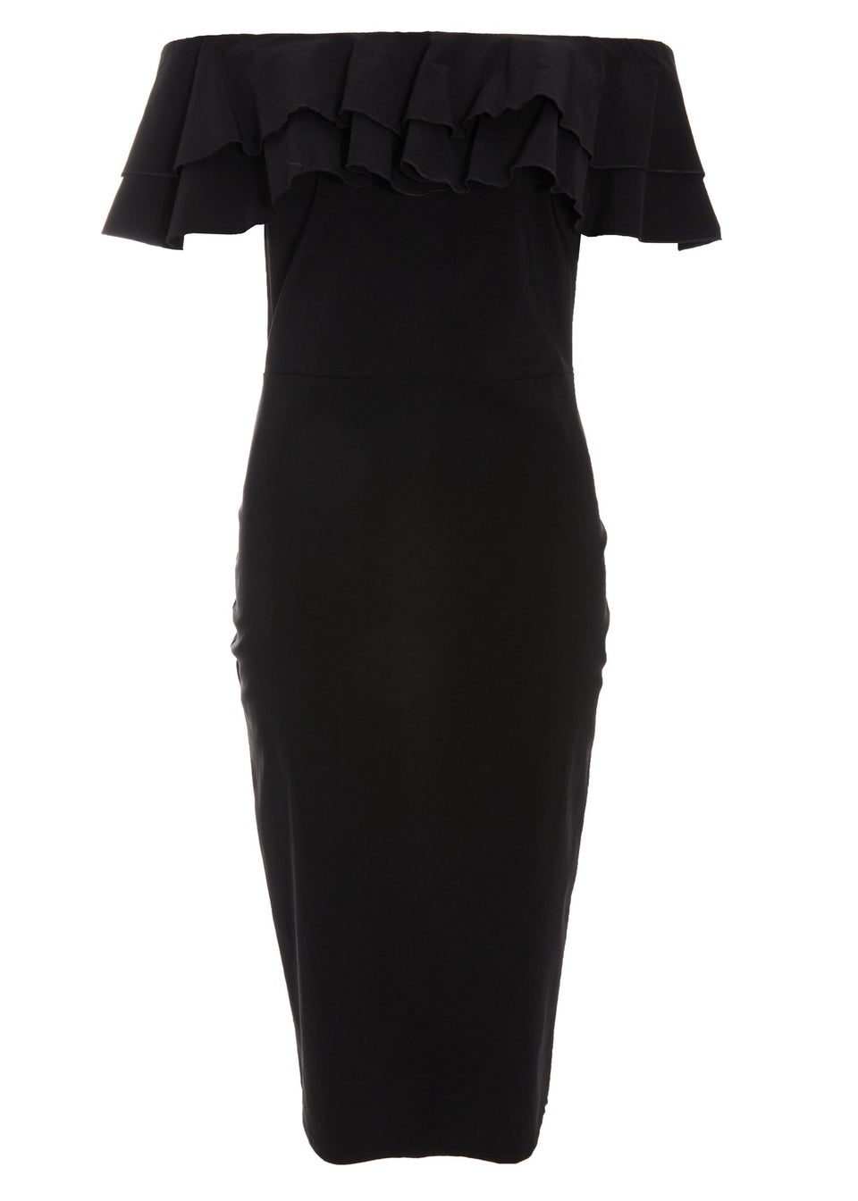 Quiz Black Bardot Ruffle Midi Bodycon Dress Matalan