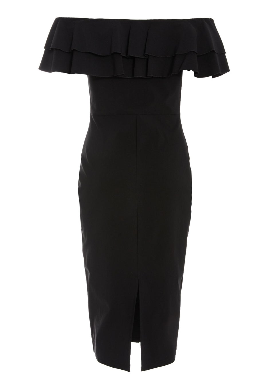 Quiz Black Bardot Ruffle Midi Bodycon Dress