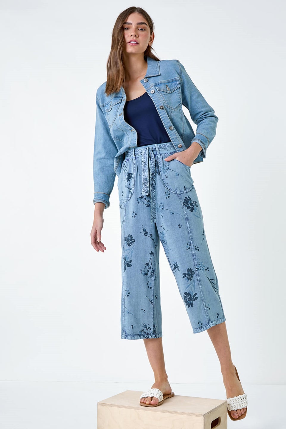 Roman Denim Floral Print Culotte Trousers