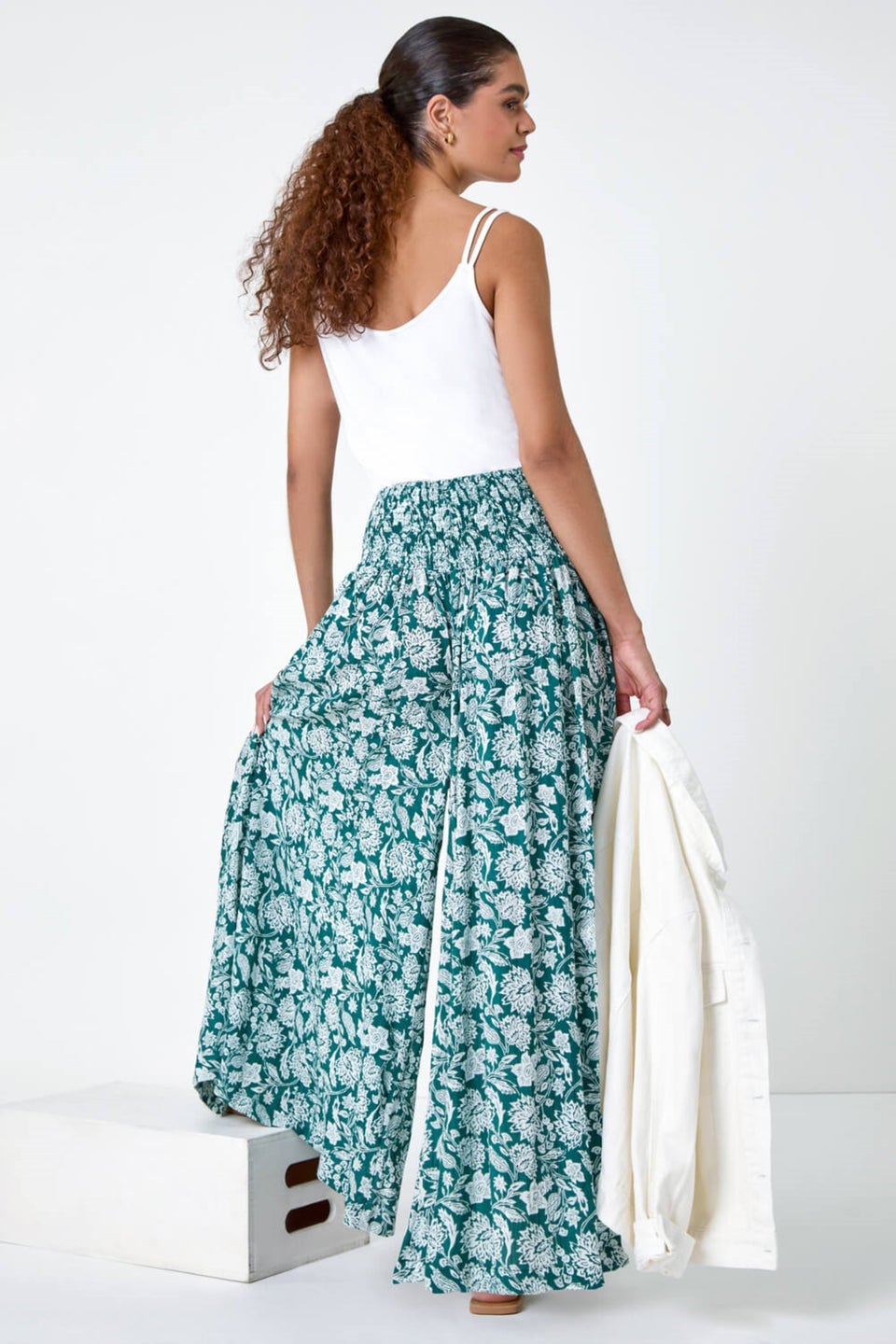 Roman Green Floral Leaf Shirred Palazzo Stretch Trouser