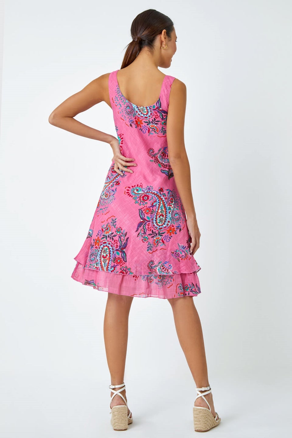 Roman Pink Paisley Print Cotton Layered Dress