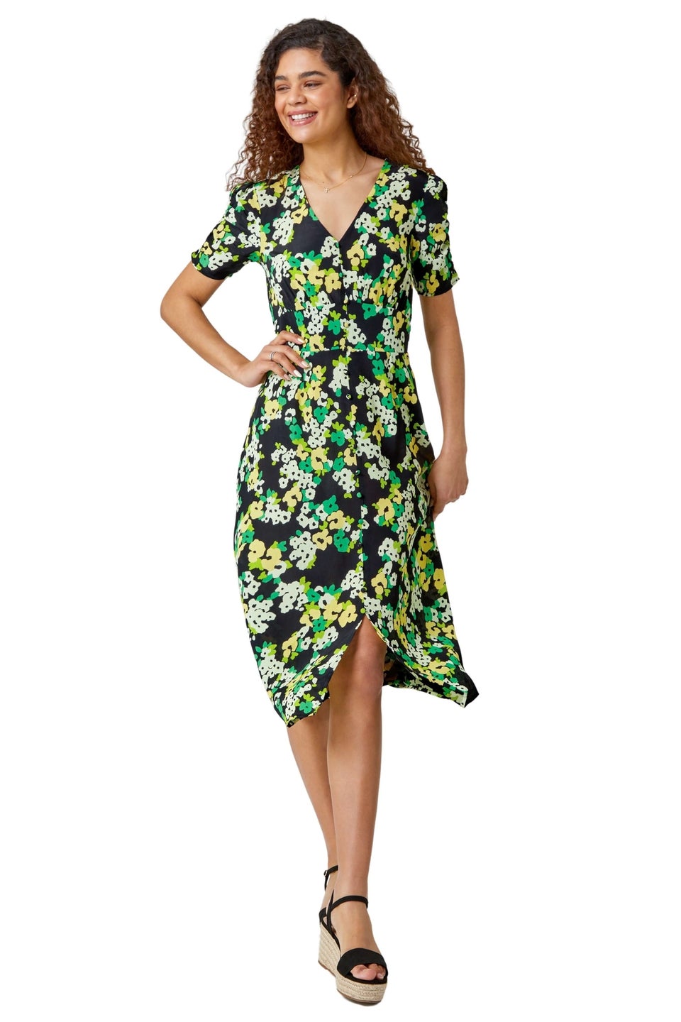 Roman Green Ditsy Floral Ruched Sleeve Midi Dress